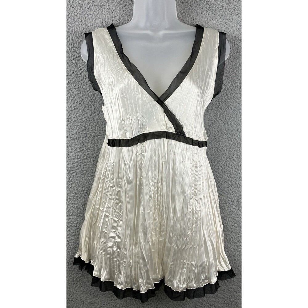 Y2K Ivory Crinkle Satin Black Mesh Trim Babydoll Top Sz S Ethereal Fairy Grunge